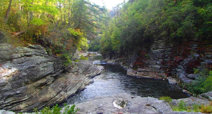 A river flows between rock walls topped with green trees